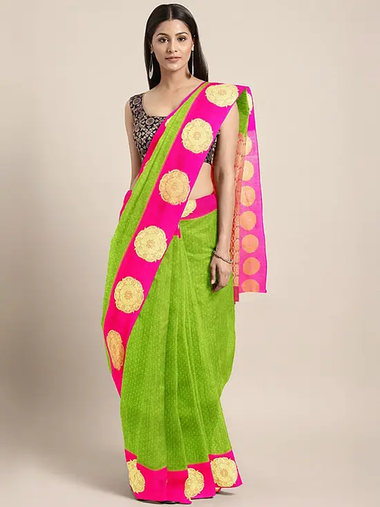  Silk Cotton Woven Design Kovai Fluorescent Green & Pink Saree