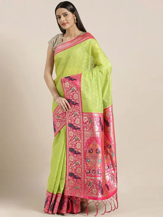 Silk Cotton Woven Design Paithani Fluorescent Green & Pink Saree
