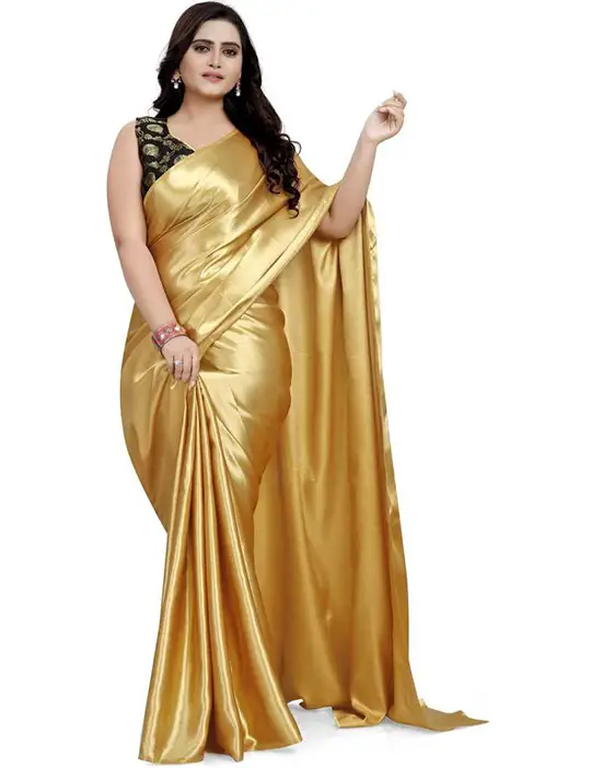 Solid Bollywood Satin Blend Gold Color Saree