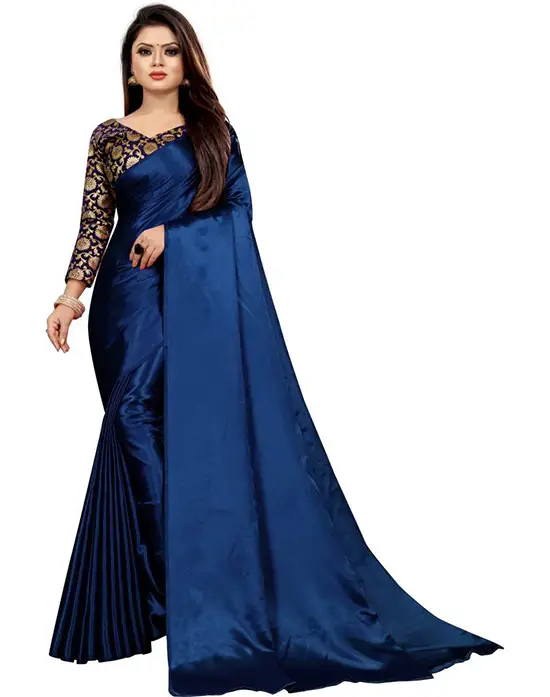 Solid Bollywood Satin Blend Navy Blue Saree
