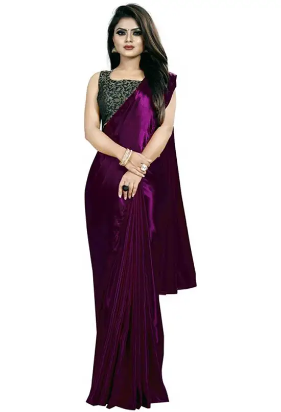 Solid Bollywood Satin Blend Purple Saree