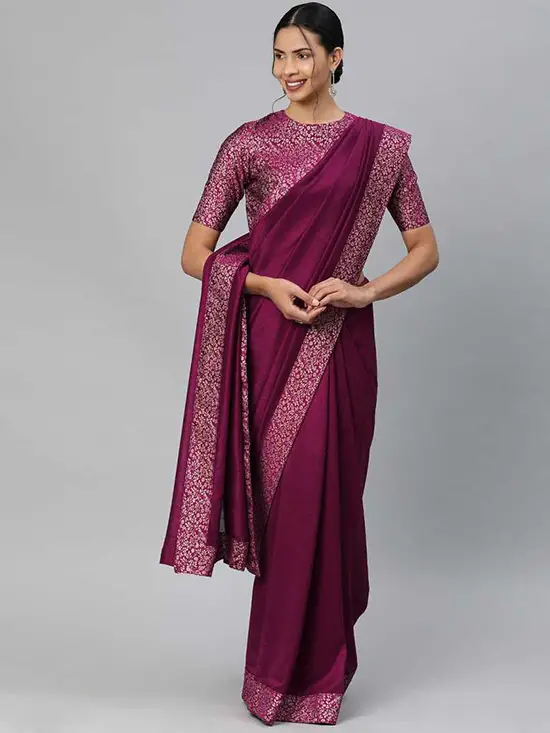 Solid Fashion Silk Blend Purple Saree