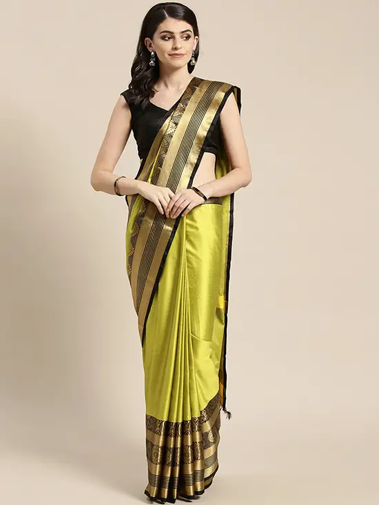 Solid Lime Green & Black Saree