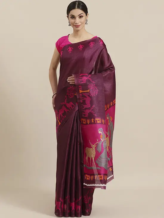 Solid Mysore Silk Burgundy & Pink Saree