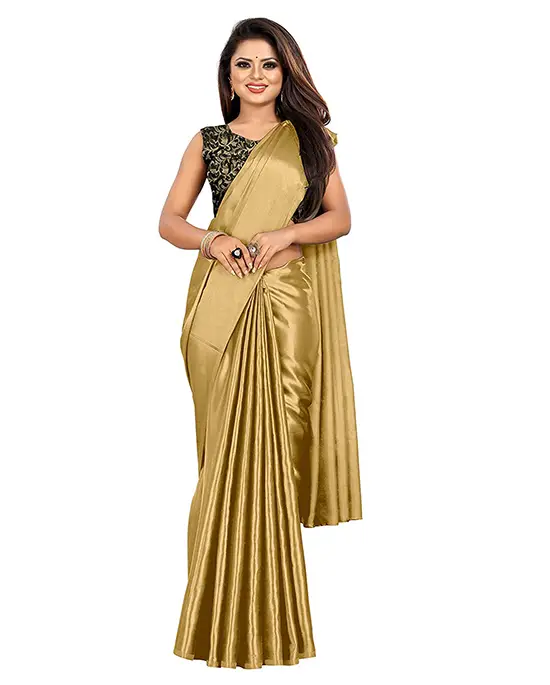 Women's Satin Silk Shiny Glamourous Gold Color Saree