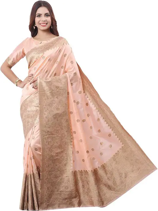 Woven Assam Silk Silk Blend, Jacquard Peach Color Saree