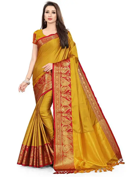  Woven Banarasi Jacquard, Poly Silk Gold Color Saree