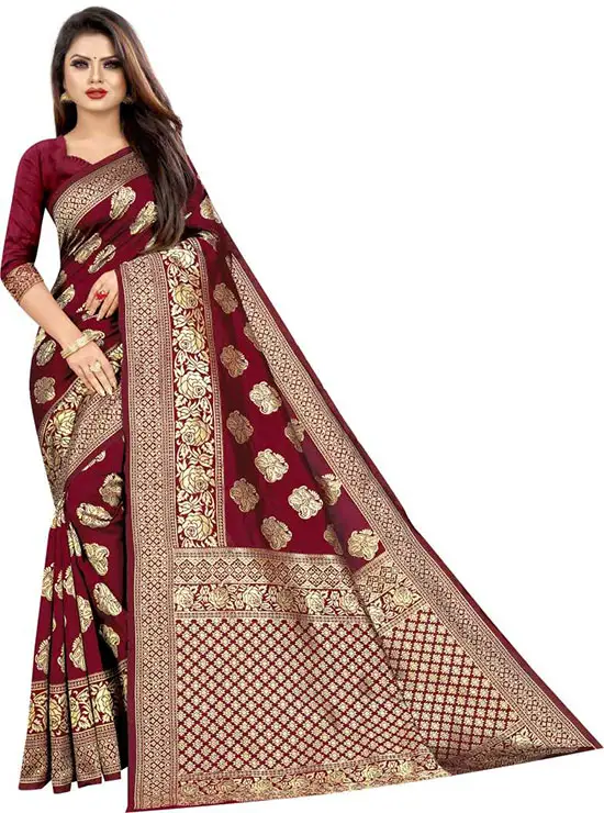 Woven Banarasi Silk Blend, Pure Silk Maroon Saree