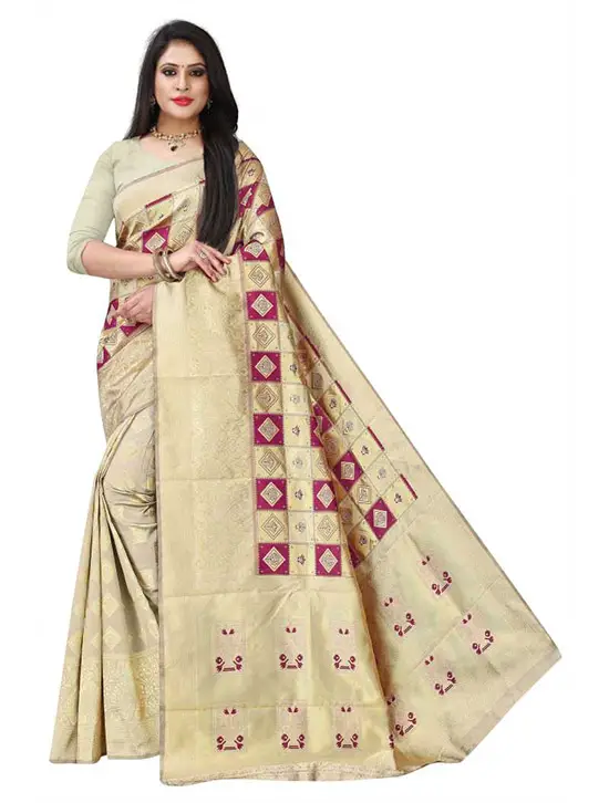 Woven, Checkered Kanjivaram Art Silk Cream Colour Saree