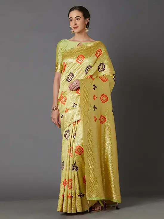 Woven Design Kanjeevaram Lime Green & Gold Saree