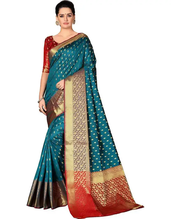 Woven Kanjivaram Art Silk, Cotton Silk Blue Saree  