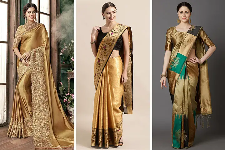 party wear sarees in golden colour