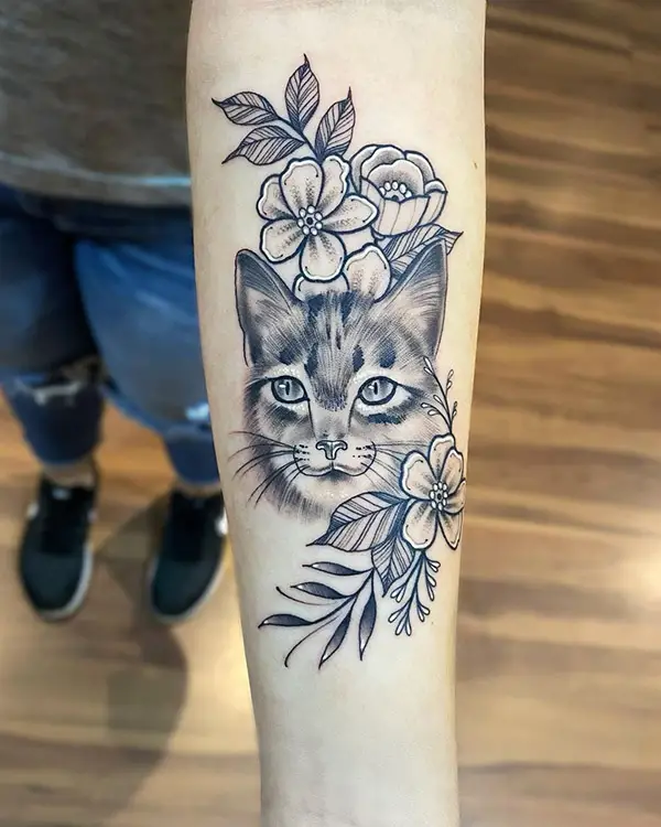 Cat Tattoo with Flowers