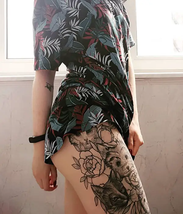 Cat and Dog Tattoo on Leg with Flowers