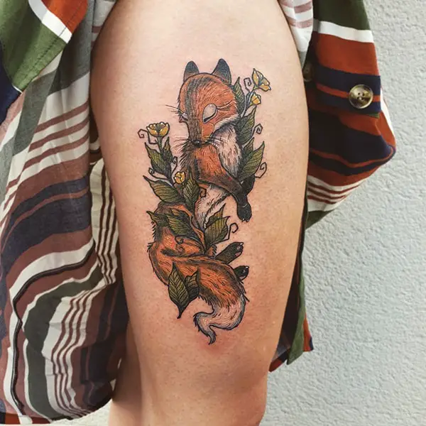 Colorful Fox Tattoo with Floral Design