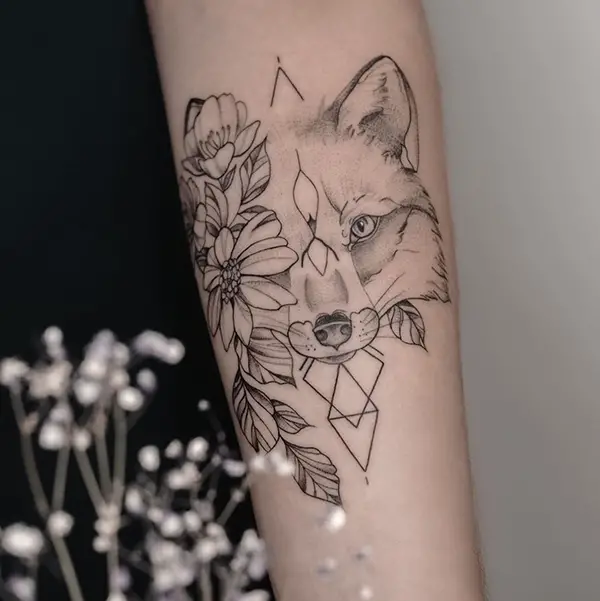 Wolf Tattoo with Flowers