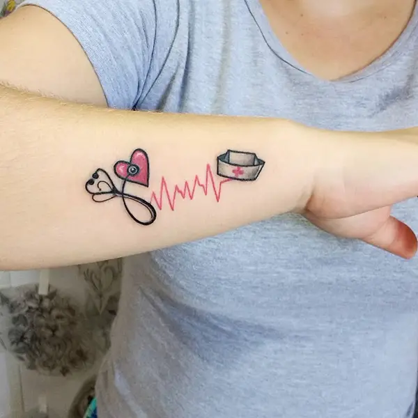 A Red Heart with a Nurse’s Cap and Stethoscope Tattoo