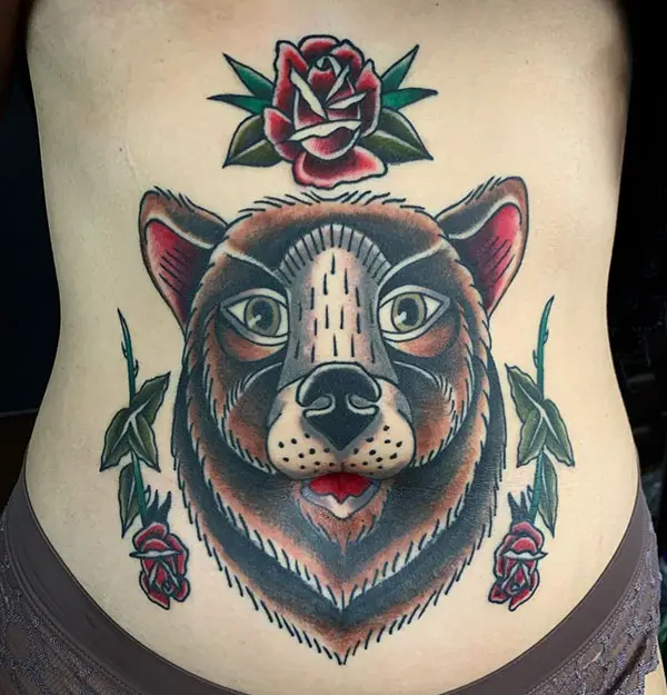 Bear and Red Rose Tattoo