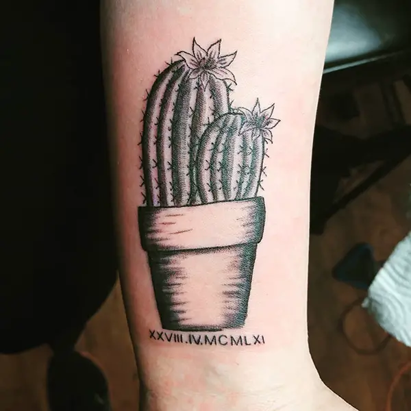 Cactus and Roman Numeral Tattoo