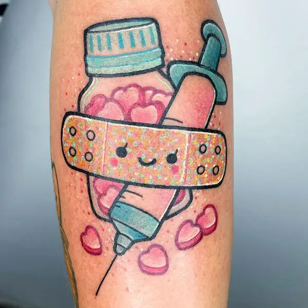 Cartoon Tattoo of Medicines and Injection