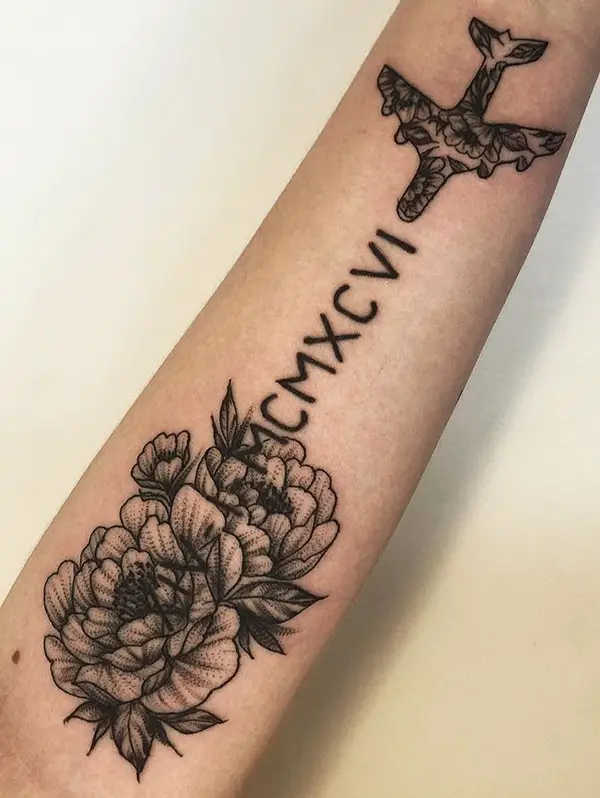 Tattoo with Flowers, Roman Numerals, and a Plane