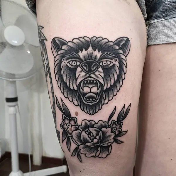 Unique Bear Tattoo on Thigh