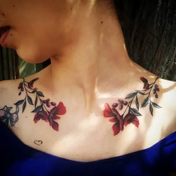 Vibrant Red Flower with Leaves Tattoo
