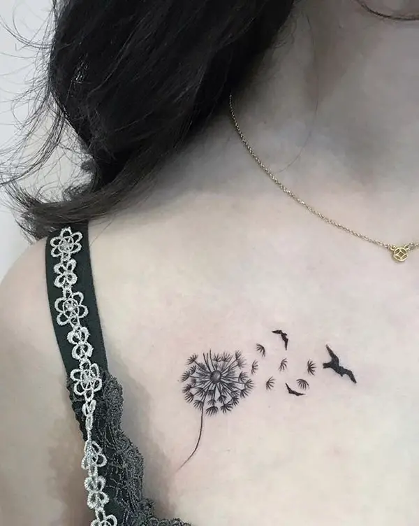 Black Dandelion Tattoo with Birds