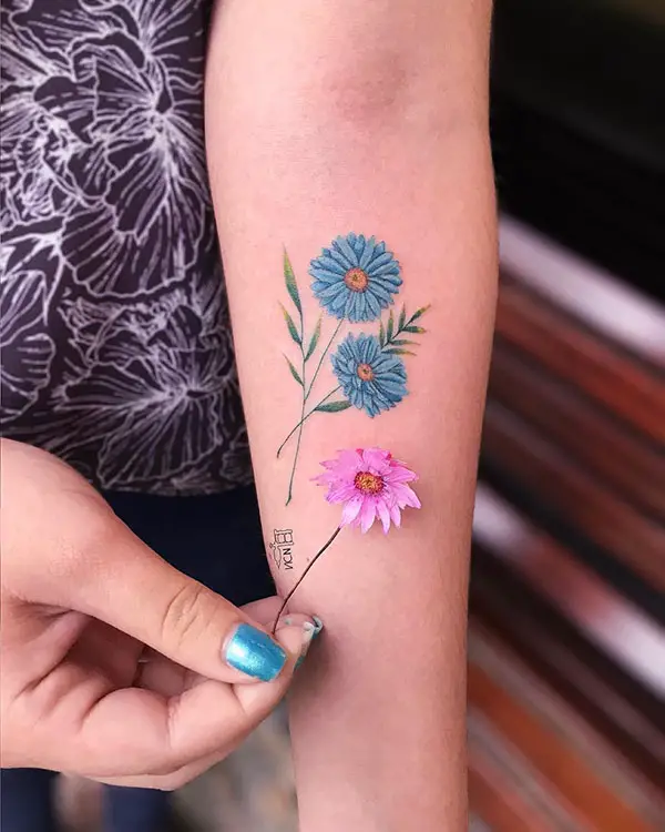 Blue Flower Tattoo with your Beloved’s Name