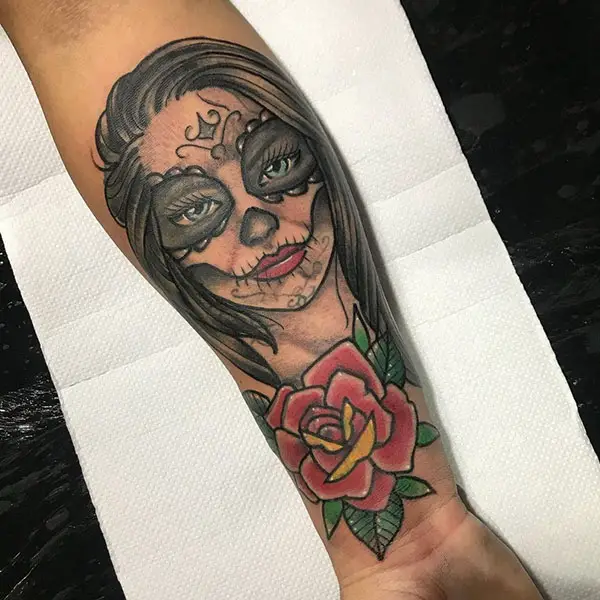 Catrina Tattoo with Red Rose Design