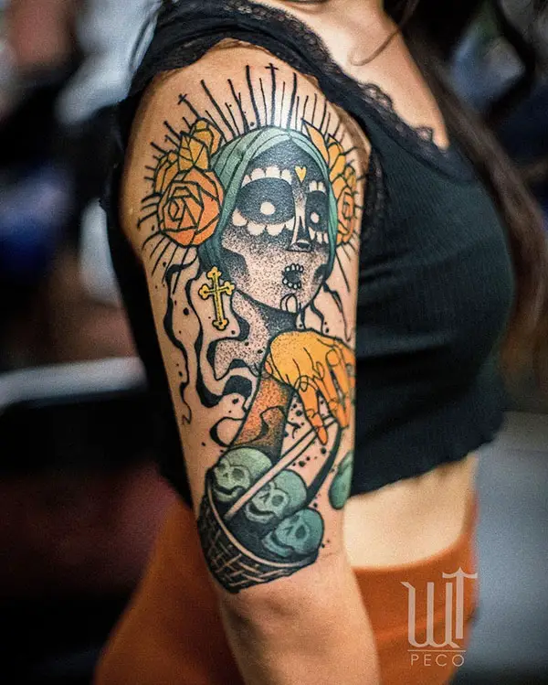 Colorful Catrina Tattoo with Skulls and Roses