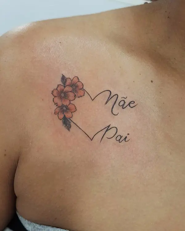Colorful Flowers and Name in the Form of a Heart Tattoo