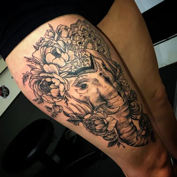 Elephant Tattoo with Flowers on Thigh