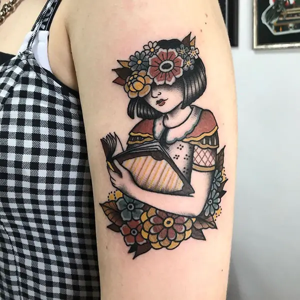 Girl with Flowers Tattoo