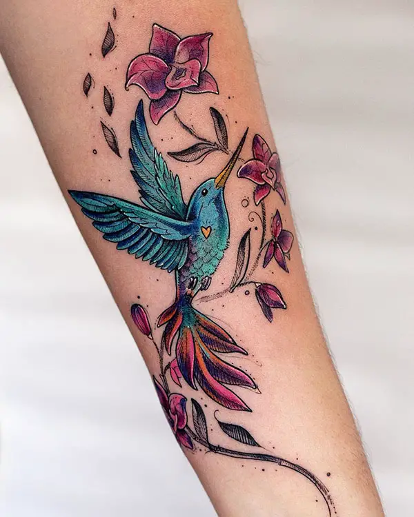 Hummingbird with Flowers Tattoo