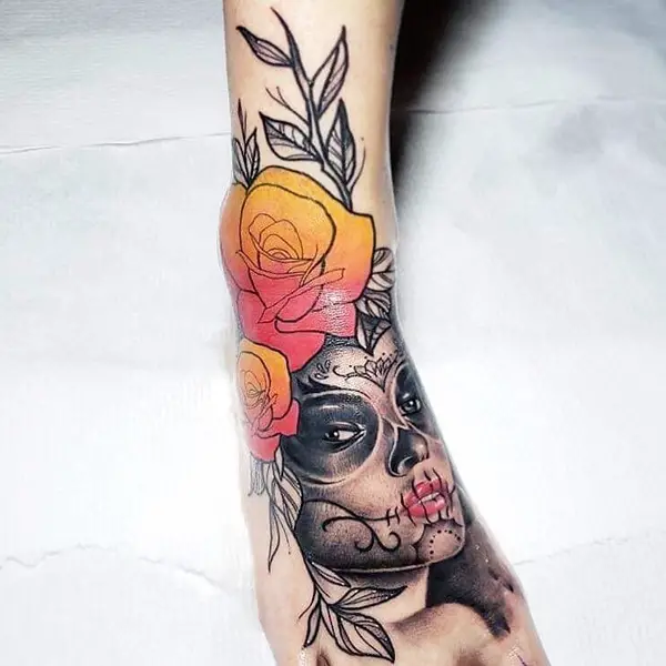 La Catrina Tattoo Design with Colorful Roses
