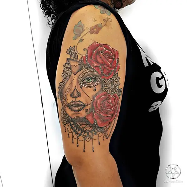 La Catrina with Red Rose Tattoo Design