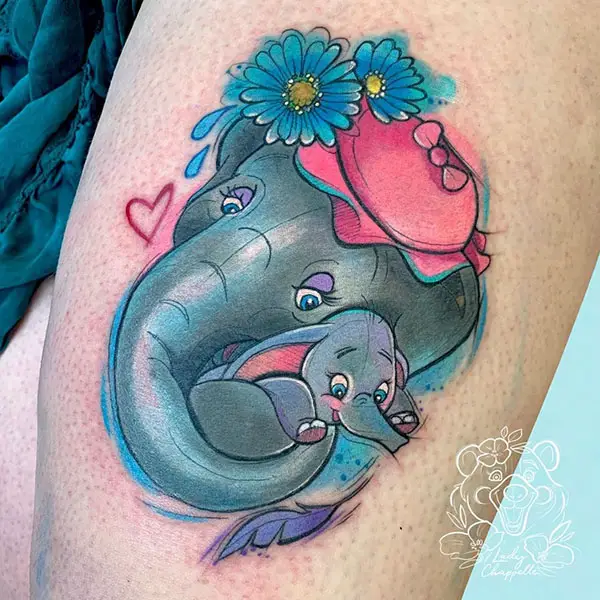 Mother Elephant Cartoon Tattoo with its Baby