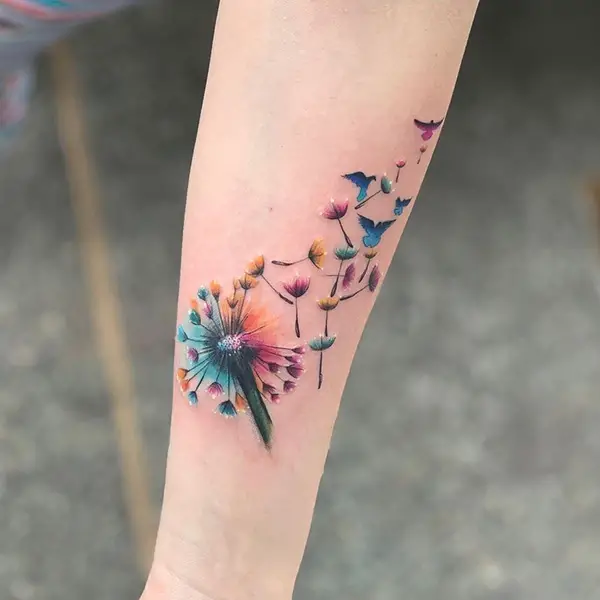 Multi-Color Dandelion Tattoo with Birds