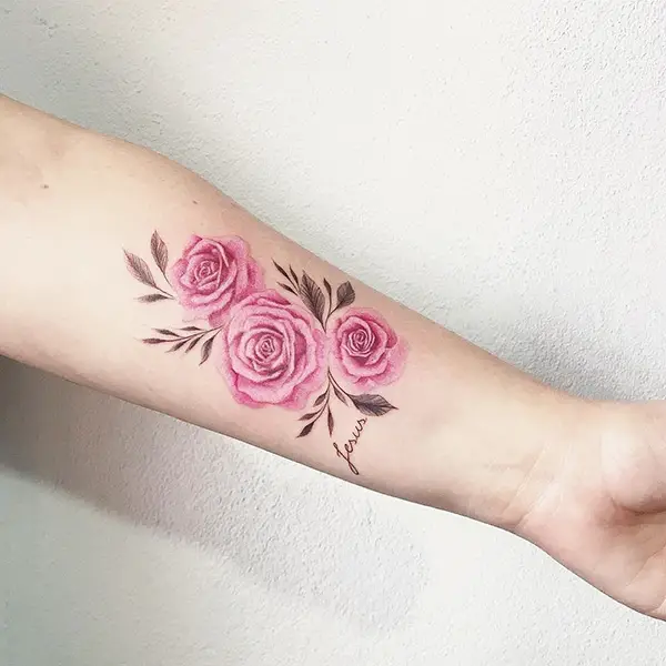 Pink Rose with Jesus Name Tattoo