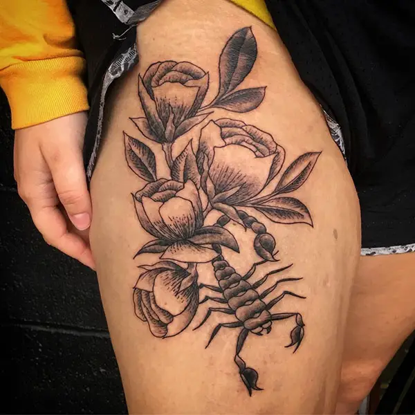 Scorpion Tattoo Design with Flowers on Thigh