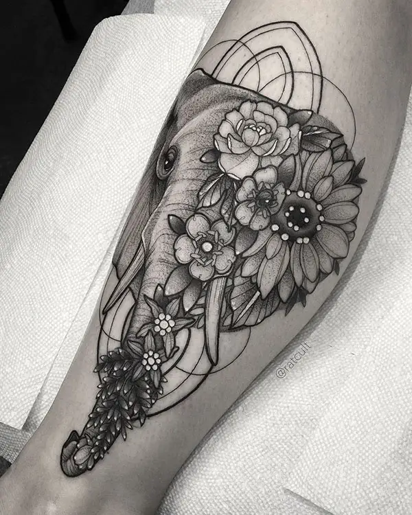 Stylish Elephant Tattoo with Flowers
