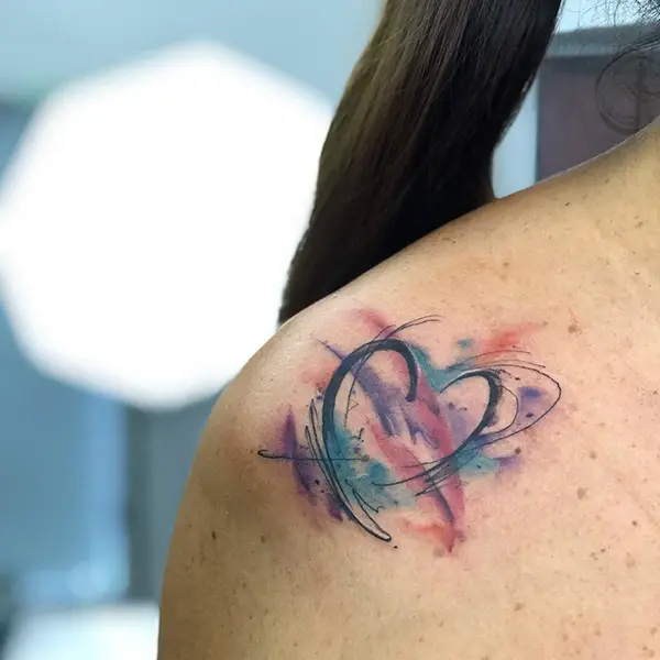 Watercolor Heart Tattoo on Shoulder