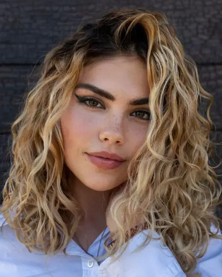 Curly Lob Haircut to Hide Sagging Jowls