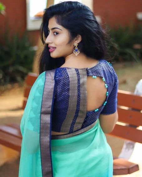 Dark Blue Silk Saree Blouse Neck Design With Borders