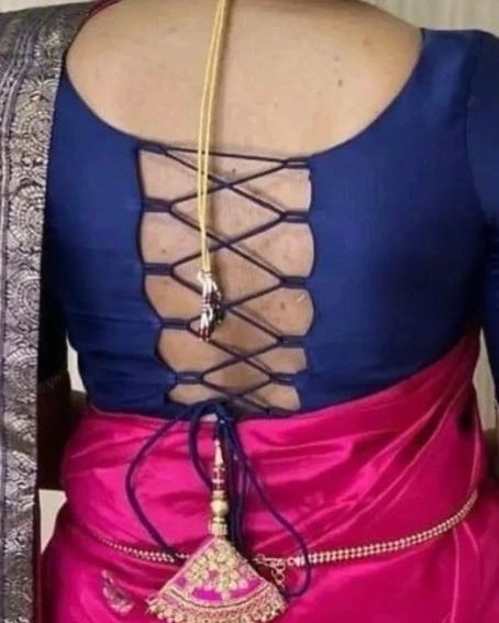 Blue Silk Saree Plain Blouse Back Neck Design