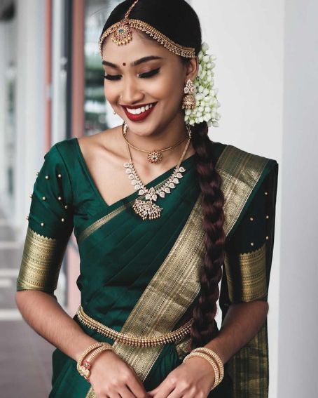 Dark Green Pattu Blouse With Elbow-length Sleeves