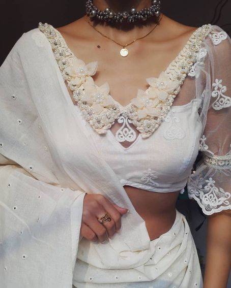 White Saree Blouse Neck With Half Collar Design