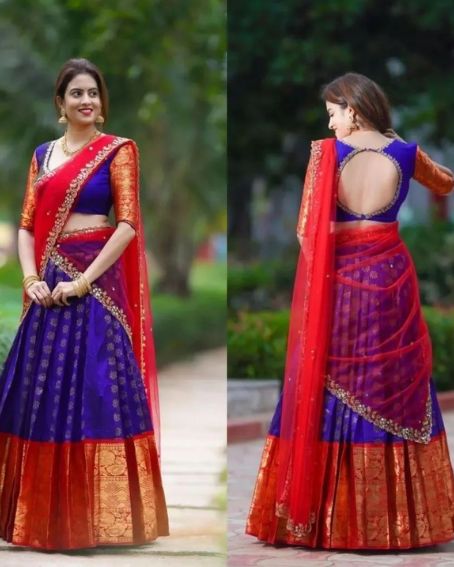 Red And Dark Blue Half Saree Blouse Back Neck Design