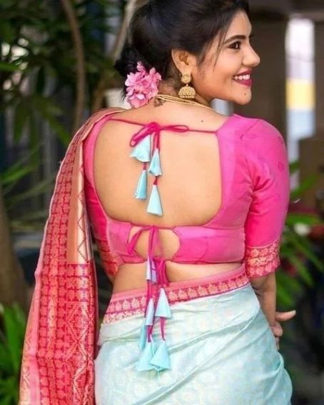 Plain Pink Silk Saree Blouse Backless Back Design